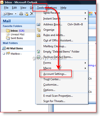 Abrir configurações da conta no Outlook 2007