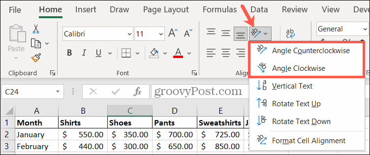 Escolha um ângulo de orientação no Excel para girar o texto