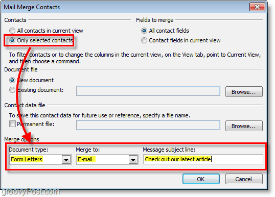 Captura de tela do Outlook 2010 - verifique se as opções estão corretas em contatos de mala direta