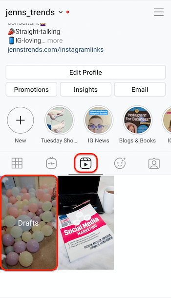captura de tela da guia de rolos do instagram em um perfil que mostra o espaço reservado para rascunhos de rolos