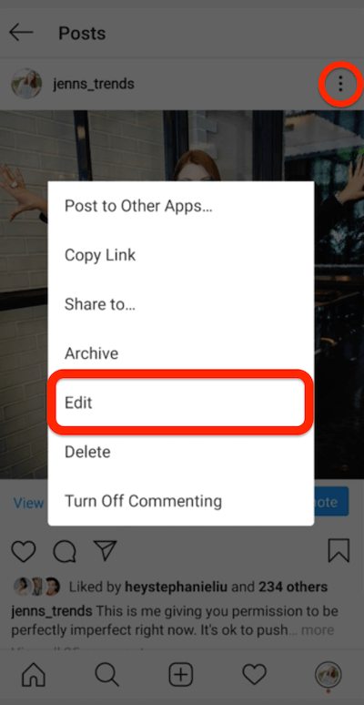 menu de três pontos para uma postagem do instagram mostrando a opção de editar a postagem
