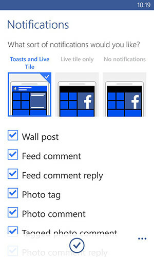 aplicativo do Facebook para opções de notificações do Windows