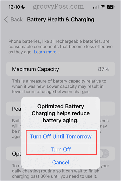 Desative as opções de carregamento otimizado da bateria no iPhone
