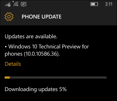 Atualização do Windows 10 Mobil 10586-36