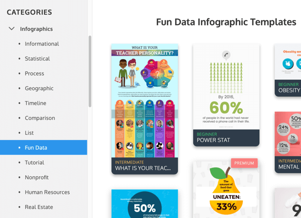 Exemplos de categorias de infográfico da Venngage em Fun Data.