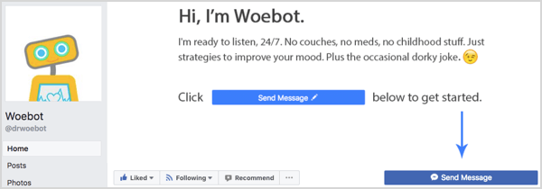 O botão Enviar mensagem na página do Woebot no Facebook.