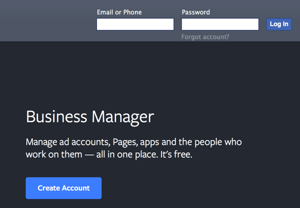 gerente de negócios do Facebook criar conta
