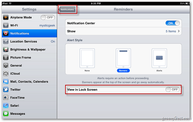 Apple iOS 5: Desativar notificações de exibição na tela de bloqueio