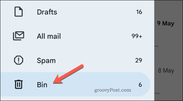 Abrindo a lixeira no Gmail no celular