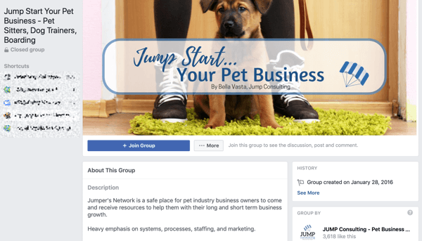 Como usar os recursos dos Grupos do Facebook, exemplo de grupo para Jump Start Your Pet Business
