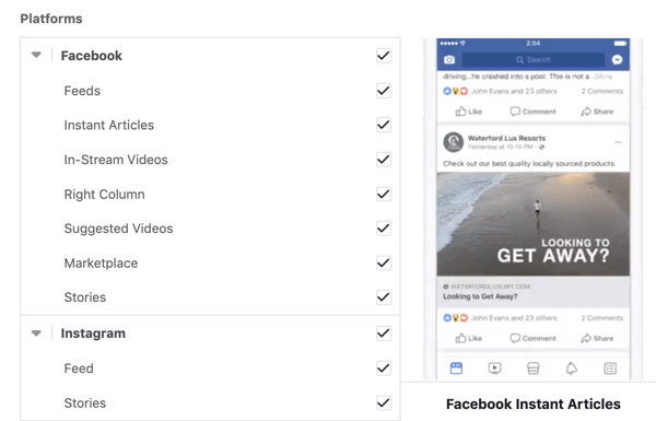 Opções de posicionamento de campanha do Facebook