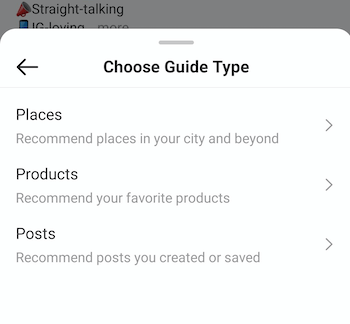 exemplo instagram criar guia escolher o tipo de guia menu oferecendo opções de locais, produtos e postexample instagram criar guia escolher o tipo de guia menu que oferece opções de locais, produtos e Postagens
