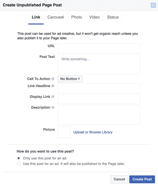 Para criar publicações escuras no Facebook como anúncios, você pode usar o Power Editor e selecionar Usar apenas esta publicação para um anúncio.