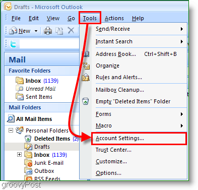 Captura de tela do calendário do Outlook 2007 - configurações da conta