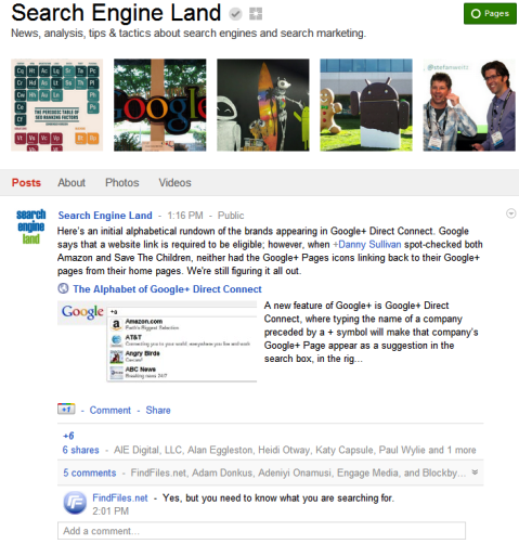Páginas do Google+ - Land do mecanismo de pesquisa