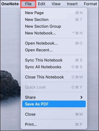 Salvar como PDF OneNote Mac