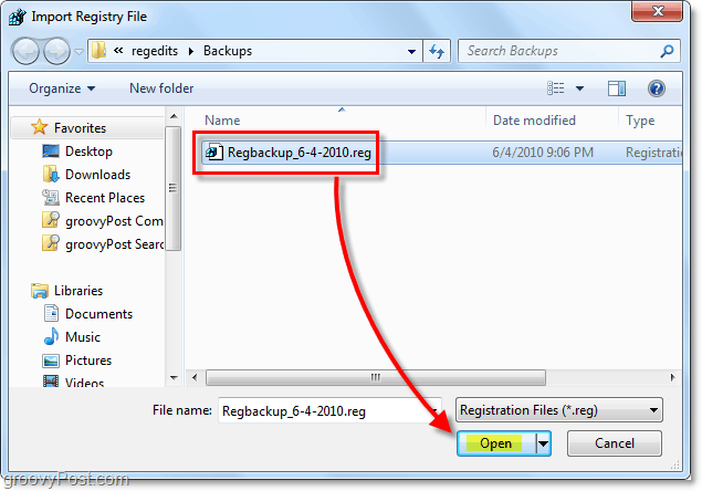 seleção de restauração do registro no Windows 7 e Vista para importação