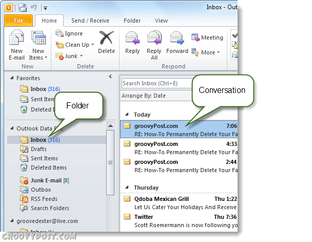 conversas e pastas do Outlook 2010