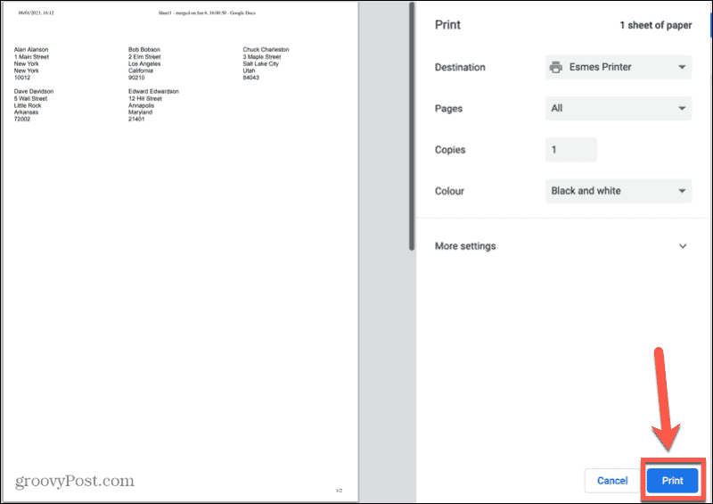 botão de impressão do Google Sheets