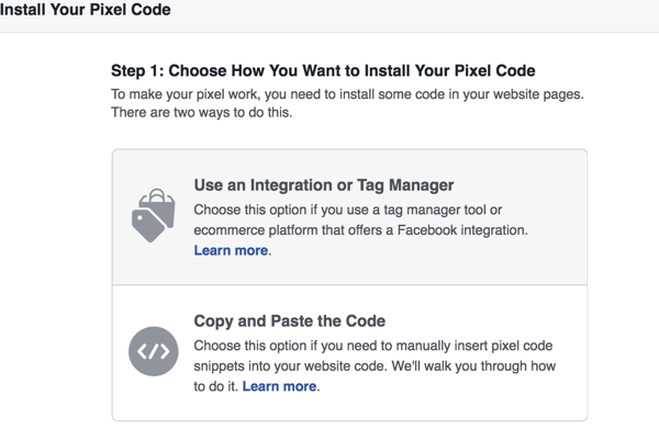 Escolha o método que deseja usar para instalar o pixel do Facebook.