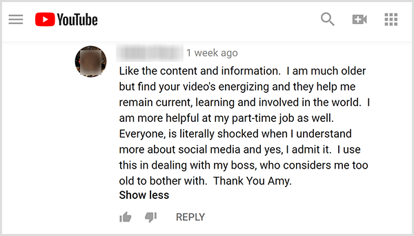 Amy Landino recebeu feedback positivo do público sobre seu conteúdo de vídeo. Por exemplo, um usuário comenta que seus vídeos me ajudam a permanecer atual, aprendendo e envolvido no mundo. Também sou mais útil no meu trabalho de meio período.