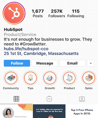 Instagram destaca álbuns no perfil HubSpot
