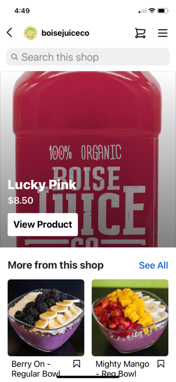 exemplo de compra de produto no Instagram de @boisejuiceco mostrando rosa da sorte por $ 8,50 e menos com este shop aparece uma tigela regular de frutas silvestres e uma tigela regular de manga poderosa, juntamente com a opção de pesquisar na loja