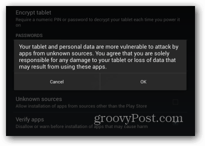 Mensagem de aviso do Android