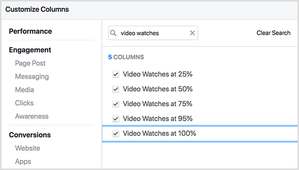 A tela Personalizar colunas do Gerenciador de anúncios do Facebook tem uma caixa de pesquisa na parte superior. O termo de pesquisa Assistências de vídeo é inserido na caixa de pesquisa e os resultados são Assistências de vídeo a 25 por cento, Assistências de vídeo a 50 por cento e assim por diante, incluindo 75 por cento, 95 por cento e 100 por cento.