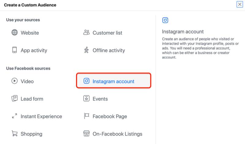 o gerenciador de anúncios do Facebook cria um menu de público personalizado com a opção de conta do instagram destacada