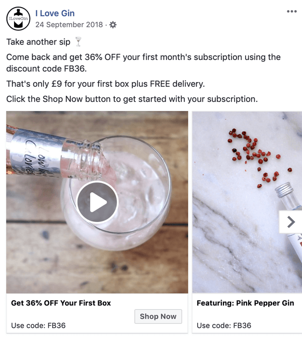 Como criar anúncios de alcance no Facebook, etapa 8, exemplo de anúncio de I Love Gin