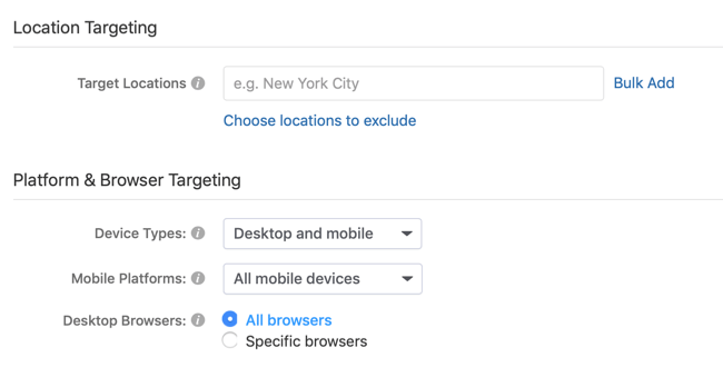 opções de localização e plataforma de segmentação para a campanha publicitária Quora