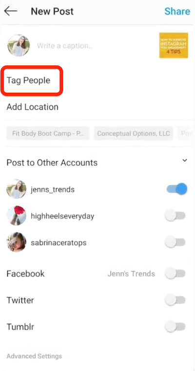 nova opção de postagem do Instagram para marcar pessoas