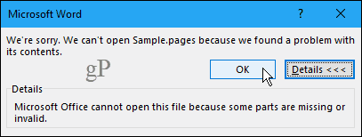 Não é possível abrir o documento do Pages no Word