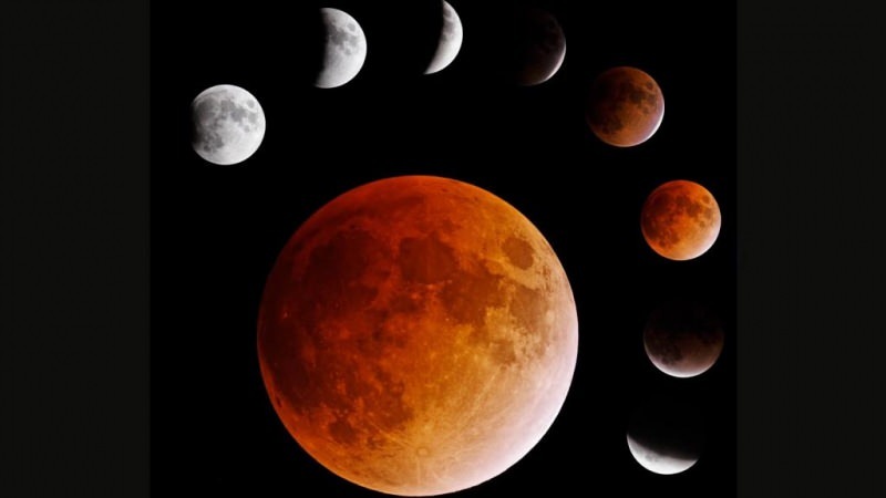 O eclipse é experimentado ao ver a lua caindo na sombra do mundo em cores diferentes com os raios do sol refletidos.