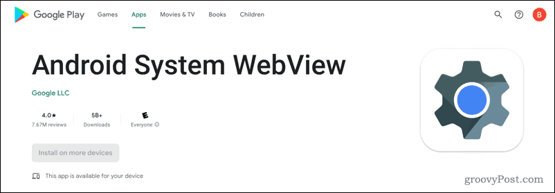 Sistema Android WebView na Google Play Store