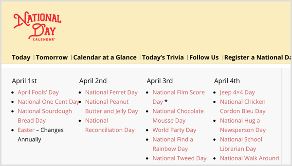 Calendário do dia nacional