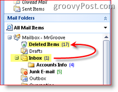 Captura de tela do Outlook 2007 explicando que os itens excluídos são movidos para a pasta de itens excluídos