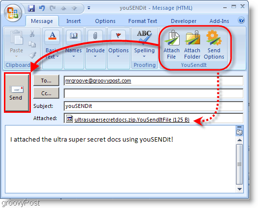 Botões YouSendIt na faixa de opções do Outlook 2007