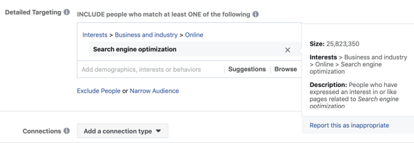 Exemplo de segmentação padrão do Facebook para o interesse Search Engine Optimization resultando em um público muito grande, de 25 milhões.