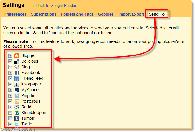 use a guia Enviar para no Google Reader para selecionar quais sites aparecem na sua lista Enviar para