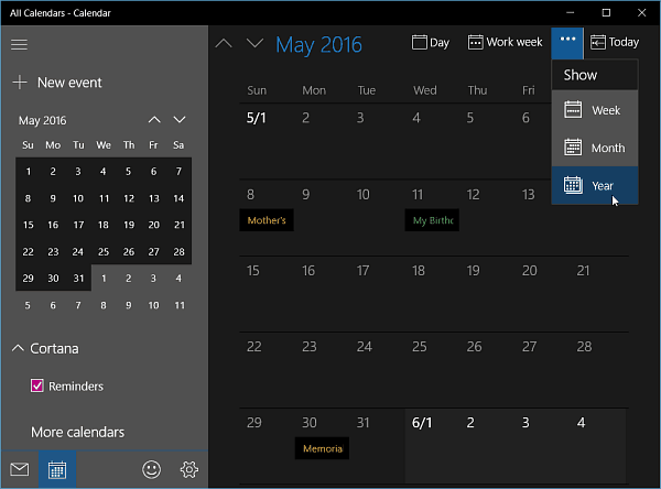 Aplicativo de calendário para Windows 10 Insider Build 11099 obtém visualização de ano
