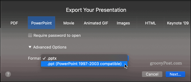 Exportando uma apresentação do Keynote como um arquivo PPT
