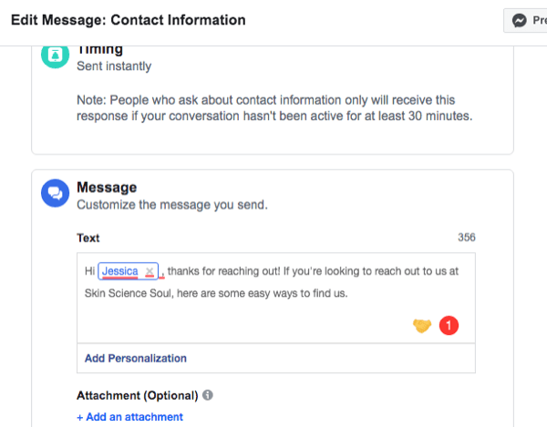 captura de tela da interface de configuração para resposta automática de informações de contato do Facebook Messenger
