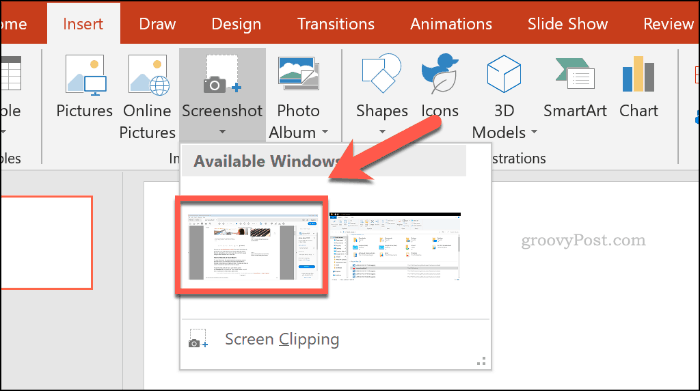 Escolhendo uma janela de captura de tela no PowerPoint