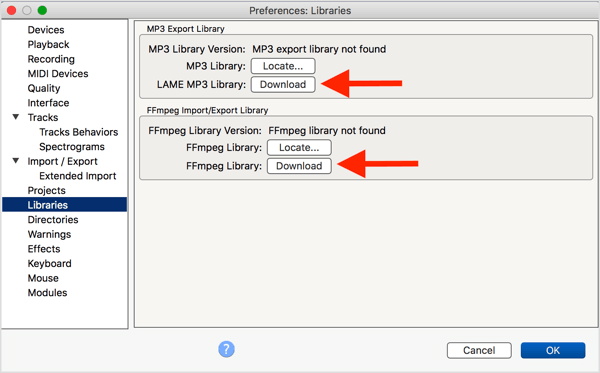 Instale o codificador opcional LAME MP3 e a biblioteca FFmpeg com Audacity.