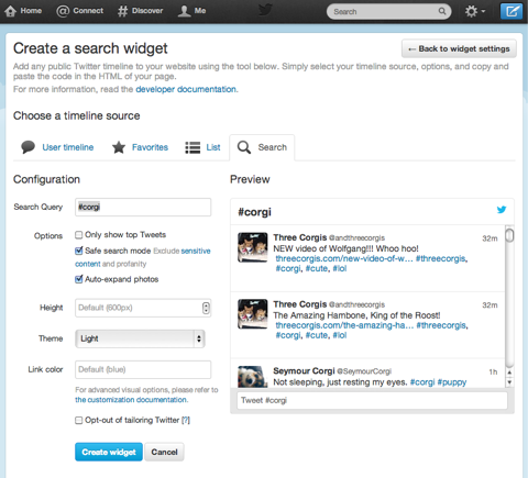 criar um widget de pesquisa do Twitter