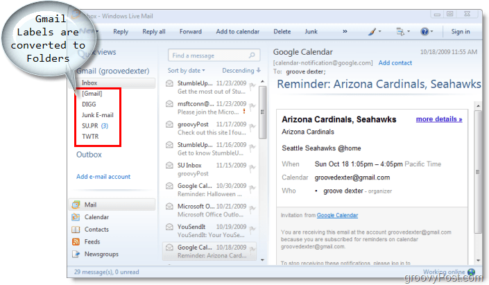 cliente de email para o Windows Live Mail, os marcadores do Gmail são convertidos em pastas no Windows Live Mail