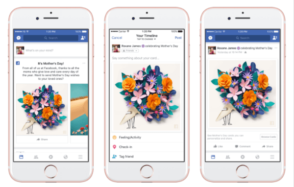 O Facebook lançou cartões personalizados, máscaras temáticas e molduras na Câmera do Facebook e uma reação temporária de "Agradecimento" em homenagem ao Dia das Mães.