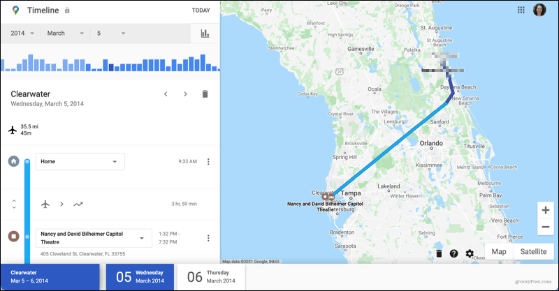Detalhes da viagem na linha do tempo do Google Maps